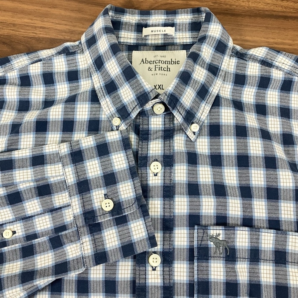 Abercrombie & Fitch Mens‎ White & Blue Plaid MUSCLE Long Slv Button Dn Shirt XXL